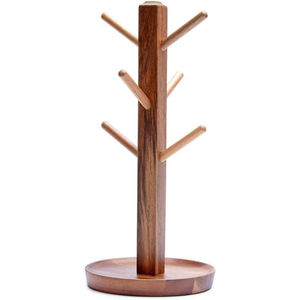 Soporte para tazas de madera de acacia con 6 ganchos, acabado natural, organizador de cocina para almacenamiento de tazas de café en la encimera, para uso doméstico. - Product Image 3