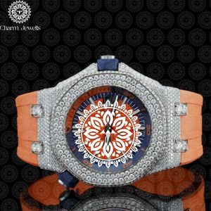 Montre de luxe Charm Jewells en acier inoxydable, boîtier carré de 40 mm, bracelet en cuir orange, accents de diamants, cadran en verre, mouvement mécanique - Product Image 1