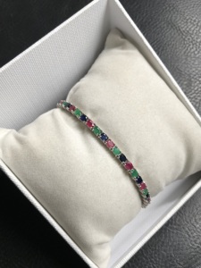 Natural Multi Stone <b>Sterling</b> <b>Silver</b> Plated Tennis <b>Bracelet</b> With Colorful Oval Shape Ruby Emerald And Blue Sapphire Gemstone - Product Image 4