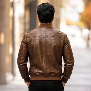 Blouson aviateur en cuir marron gaufré pour homme LEATHER SPOT |   Cuir véritable |   Fermeture éclair de luxe à texture croco |   Respirant - Product Image 3