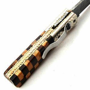 Couteau pliant en acier Damas, lame à pointe tombante, manche en bois, 7 pouces au total - Product Image 3