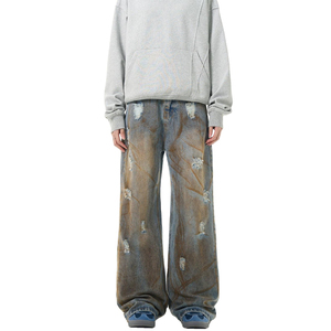 Men's Wide Leg Distressed Denim Jeans High Waist Ripped Loose Fit Streetwear Cotton Midweight Autumn Style - Product Image 3