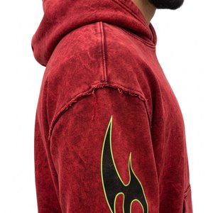 Conjunto Deportivo Rojo con Capucha para Hombre, 100% Algodón, Manga Larga, Corte Holgado, Estilo Urbano con Estampado de Llamas, Cordón Ajustable y Bolsillos Laterales - Product Image 3