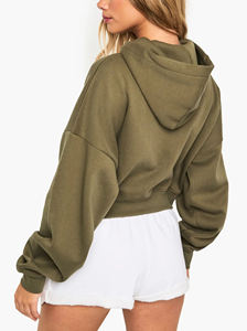Sudadera con Capucha y Cierre de Cremallera para Mujer, Color Verde Oliva, con Logotipo de Llama en el Bolsillo Delantero, Estilo Casual para Otoño, Corte Corto - Product Image 2