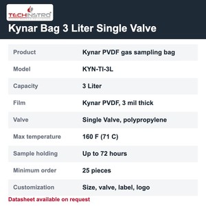 ถุงเก็บตัวอย่างก๊าซ TECHINSTRO Kynar ขนาด 3 ลิตร ทำจากฟิล์ม PVDF แบบวาล์วเดี่ยว ป้องกันการรั่วซึม สำหรับการเก็บตัวอย่าง VOC กลิ่น และอากาศ - Product Image 6