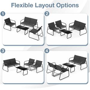4 Piece Black Outdoor Patio Furniture Set for Conversation 2 Chairs 1 Loveseat 1 Coffee Table - Product Image 5