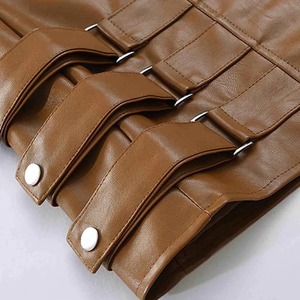 <b>Men's</b> Plus Size Brown Leather Look Moto <b>Vest</b> O-Neck Zipper Closure Pockets Outerwear Autumn Casual Style Windproof 100% Leather - Product Image 5