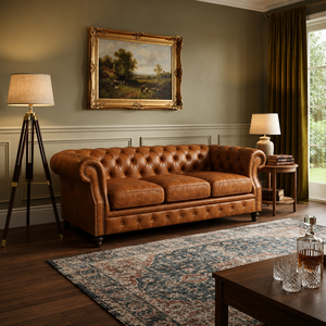 Midcentury Modern Genuine Leather Three Seat <b>Sofa</b> Tufted Back Rolled Arms Wood Legs-Eco-Friendly Living Room School Park - Product Image 1