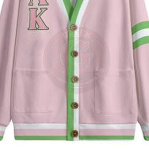 Cardigan en tricot acrylique pour femme, rose, vert et blanc, avec logo AKA et lettres grecques, col en V, manches longues - Product Image 6