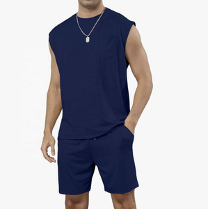 High Street Plus Size Men's 2-Piece Summer Tracksuit <b>Set</b> 100% Cotton Terry Fabric Sleeveless T-Shirt & Tank Top Short <b>Sets</b> - Product Image 2