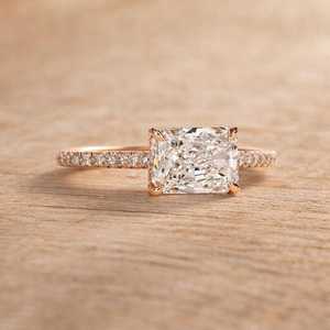 Radiant Cut Lab Grown Diamond Engagement <b>Ring</b> East West Diamond <b>Ring</b> Hidden Halo Solitaire Promise <b>Ring</b> Anniversary Gift - Product Image 6