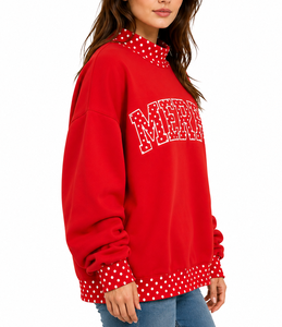 Merry <b>Red</b> Polka Dot Turtleneck <b>Sweatshirt</b> <b>Women's</b> 100% Cotton Knitted Winter Pullover Regular Fit Letter Print Front - Product Image 2