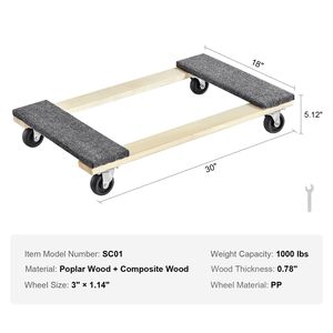Carrello per Mobili con Capacità di Carico di 450 kg, 45x76 cm, in Legno Resistente con 4 Ruote Girevoli in PP da 7,6x7,6 cm per Spostare Mobili - Product Image 4