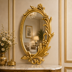 Regal Fleur Wooden Carving <b>Wall</b> <b>Mirror</b> Handcrafted Ornate Frame Premium Decorative Accent Elegant Home Living Room Decor - Product Image 4