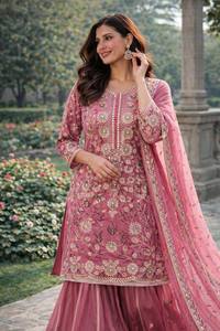 Ensemble de costume palazzo en soie crêpe naturelle pour femmes avec broderies lourdes, travail de paillettes et dupatta en dentelle fantaisie - Product Image 3