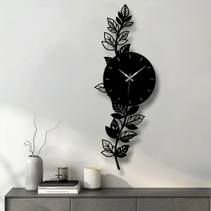Botanical Leaf Metal <b>Wall</b> <b>Clock</b>, Modern Nature Inspired Steel <b>Decor</b> - Product Image 1