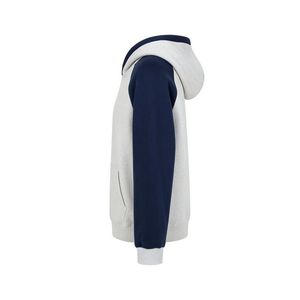 A light grey sporty hoodie with navy blue and maroon stripe details on the sleeves a front kangaroo pocket - Product Image 3