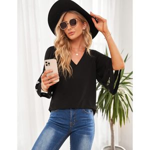 2025เสื้อเบลาส์คอวีแนวลำลองของผู้หญิงเสื้อเชิ๊ตผ้าตาข่ายแขนกระดิ่ง3/4เสื้อทรงหลวมเสื้อเชิฟฟ่อนถักลูกไม้ระบายขนาดใหญ่พิเศษสำหรับใส่ทำงาน - Product Image 6