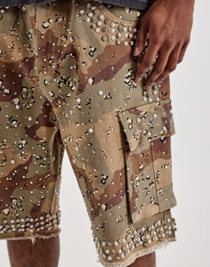 Pantalones Cortos Cargo de Camuflaje Desértico para Hombre con Decoración de Perlas de Imitación, Estilo Urbano, Cintura Media, Cierre Elástico - Product Image 4