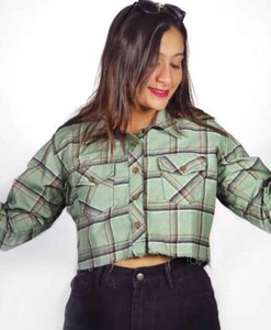 Camisa Corta a Cuadros Azul para Mujer, Manga Larga, Cierre de Botones, Estilo Casual con Bolsillos, Corte Regular, para Todas las Temporadas, Camisa de Franela Tejida - Product Image 4