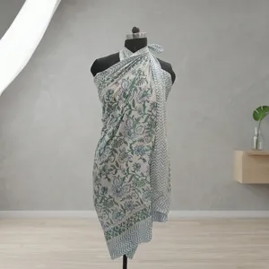 Blue Green Floral Hand Block Printed Cotton <b>Sarong</b> Scarf with Chevron Border Lightweight Beach Wrap Stole for Women - Product Image 5