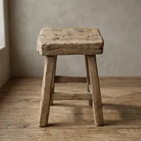 Vintage Moderner Holzhocker Rustikaler Runder Sitz Vier Ausgestellte Beine Landhaus-Beistelltisch Tragbarer Schlafzimmer-Hocker Hellgrau-Braun Möbel