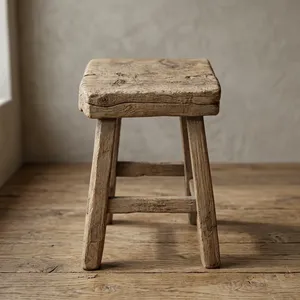 Vintage Modern Wood Stool Rustic Round <b>Seat</b> Four Splayed Legs Farmhouse Side Table <b>Portable</b> Bedroom Pale Grey Brown Furniture - Product Image 4