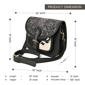 Sac bandoulière carré en cuir de vachette style safari avec franges et pompons pour filles, sac à bandoulière en cuir de vache à poils apparents - Product Image 3