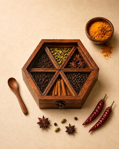 Boîte à épices en bois faite à la main avec couvercle en verre, organisateur d'épices Masala Dabba à 6 compartiments - Product Image 5