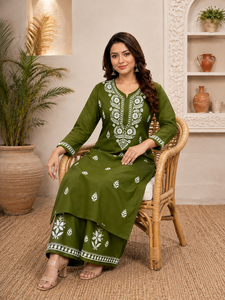 Exclusive Women Olive Green <b>Chikankari</b> Hand Embroidered Straight Kurti with Matching Palazzo Set Ethnic Floral <b>Suit</b> - Product Image 2