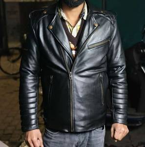 Men's Genuine Leather <b>Biker</b> <b>Jacket</b> Vintage Brown Motorcycle <b>Jacket</b> Quilted Shoulder Casual Winter Leather Coat - Product Image 3