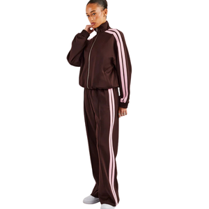 Ensemble de survêtement zippé pour femme, sweat-shirt à col montant, pantalon large à rayures contrastées, tenue décontractée deux pièces style streetwear - Product Image 6