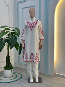White Floral Embroidered Rayon Viscose <b>Kurta</b>/Kurti Lace Dupatta Floor-Length Quick Dry <b>Women's</b> Ethnic Outfit India Pakistan All - Product Image 3