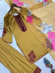Women YellowcCotton <b>Kurti</b> With Maroon Embroidery Palazzo Set Loose Fit Floor Length Traditional <b>Indian</b> Pakistani Style - Product Image 4