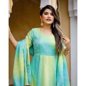 Robe trapèze en mousseline de soie pistache multicolore avec taille empire, en tissu Kota Doriya - Product Image 1