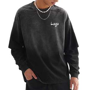 เสื้อยืดแขนยาวผู้ชายคุณภาพสูง ออกแบบโลโก้ได้ตามต้องการ สไตล์วินเทจ ขาดๆ แบบดิสเทรส ซักย้อมสีแบบ Stone Acid Wash ผ้าสองชั้น - Product Image 5