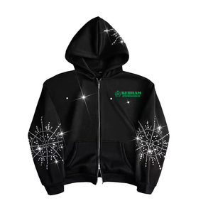 Custom OEM Winter Men's Oversized Heavyweight 100% Cotton Fleece Rhinestone Double Zip-Up <b>Hoodie</b> & Sweatshirts Streetwear - Product Image 2