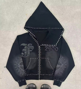 Sweat à capuche zippé respirant et pantalon de survêtement évasé pour homme, style streetwear Shadow Wash, personnalisable, avec broderie et patchwork imprimés effet vieilli - Product Image 1