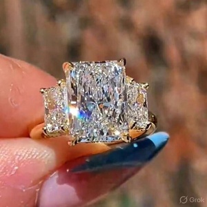 Moissanite Engagement <b>Ring</b> Three Stone <b>Emerald</b> Cut <b>Silver</b> White Gold Plated Luxury Wedding <b>Ring</b> - Product Image 1
