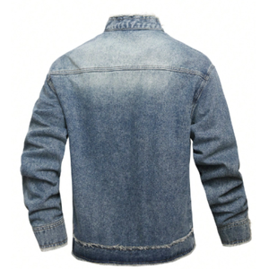 Veste en jean vintage pour homme, à manches longues, séchage rapide, respirante, col montant, boutonnée, détails effilochés, pour l'automne et l'hiver - Product Image 2