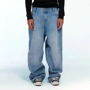 Nouvelle mode – Jean décontracté homme taille mi-haute en coton 100% avec strass personnalisés, anti-plis, multi-poches, délavage clair, fermeture éclair, collection automne - Product Image 1