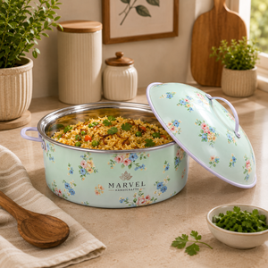 Casserole en acier émaillé floral de qualité supérieure Marvel Handicrafts avec couvercle, pot isotherme pour servir des aliments chauds, élégant ustensile de cuisine, cadeau - Product Image 2