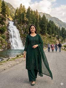 Conjunto de Vestido Tradicional Indio para Mujer, Verde, Bordado, de Georgette, para Boda, Estilo Étnico, Corte Regular, Largo Midi, para Todas las Temporadas - Product Image 6