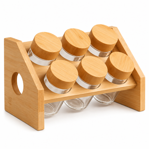 Ensemble de pots à épices en verre avec couvercles en bambou et support d'affichage incliné pour le rangement sur le comptoir de cuisine |   Organisateur d'assaisonnements moderne - Product Image 1
