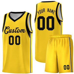 Ensemble de maillot de basket-ball jaune personnalisé, col en V, sans manches, sublimé avec nom et numéro 00 pour adultes, toutes saisons - Product Image 1