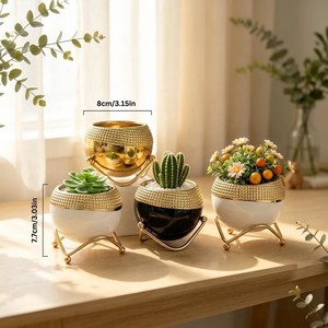 Modern Gold Plated Iron Rust Resistant Powder Coated Flower <b>Pots</b> with Stand Circular Design for Garden <b>Plants</b> Desktop <b>Decor</b> - Product Image 4