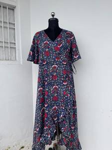 Women's Hand Block Print Cotton Wrap Maxi <b>Dress</b> Floral V Neck Summer Wear Bohemian Fashion Ladies Garment - Product Image 1