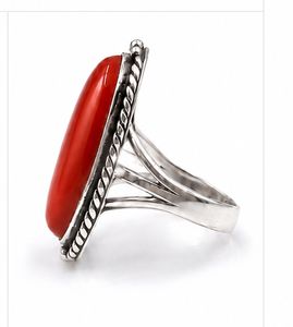 Bague ovale en argent avec corail rouge |   Bague statement en argent sterling 925 faite à la main avec corail |   Bijoux vintage bohèmes en pierres précieuses, cadeau - Product Image 2