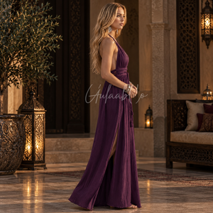 Plum <b>Purple</b> <b>Halter</b> <b>Neck</b> Maxi <b>Dress</b> Adjustable Waist Tie Soft Textured Fabric Side Slit Flowy Summer Beach Evening Partywear Gown - Product Image 2