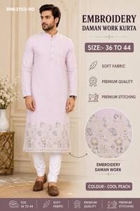 Proveedor de la colección de pijamas de algodón Kurta-R para hombre, de manga larga y con trabajo Daman, de seda suave de primera calidad, de Surat. - Product Image 3